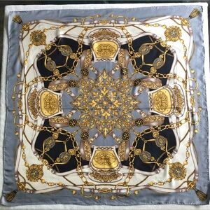 Silk Scarf - Gold Chains Tassels Filigree Design - Gray Black Cream Gold 34”